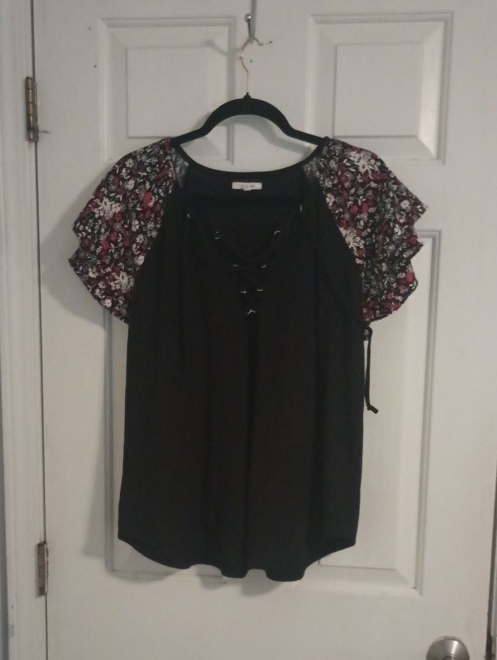 Maurices Black Blouse with Floral Flutter Sleeves